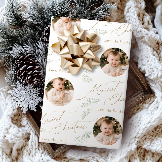 Papel De Presente Moderno Script Feliz Natal Família 2 foto (Modern Script Merriest Christmas Family 2 photo Wrapping Paper)