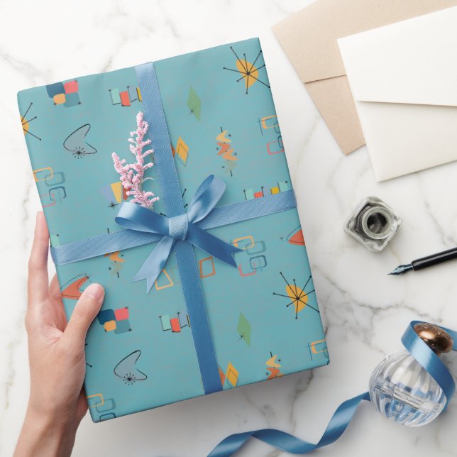Papel De Presente Moderno Texturizado Turquesa de Meados do Século (Presentear)