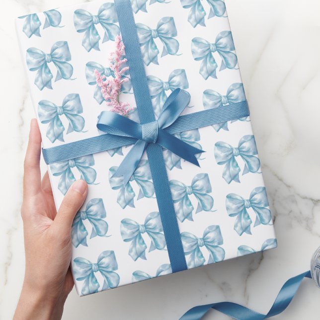 Papel De Presente Modinha Coquette Bebê Azul Padrão de Laço (Trendy Coquette Baby Blue Bow Pattern Wrapping Paper)