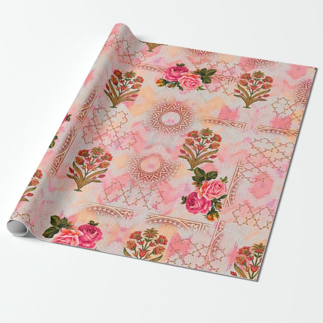 Papel De Presente Mogal sem costura com padrão floral floral em digi (Desenrolado)