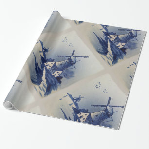 Papel De Presente Moinho de Vento Azul Branco Vintage Delft
