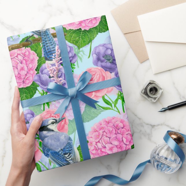 Papel De Presente Mola azul e flores com mola aquosa embrulhada (Presentear)