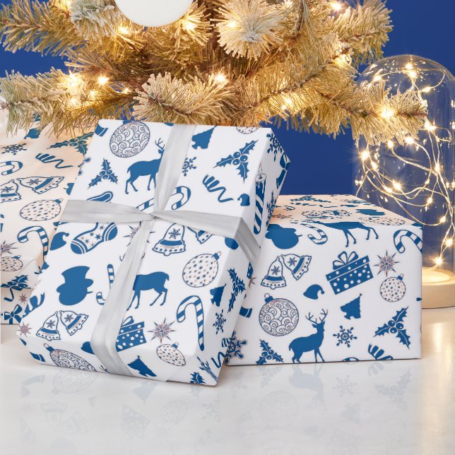 Papel De Presente Mola de Natal com padrão branco azul (Feriados)