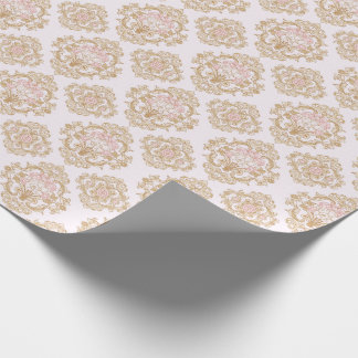 Papel De Presente Moldura Barroca Rosa Elegante e Dourada