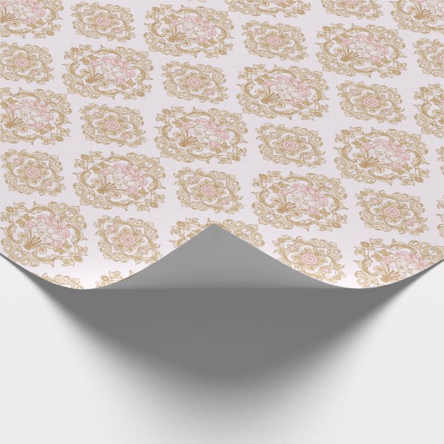 Papel De Presente Moldura Barroca Rosa Elegante e Dourada (Ponta)