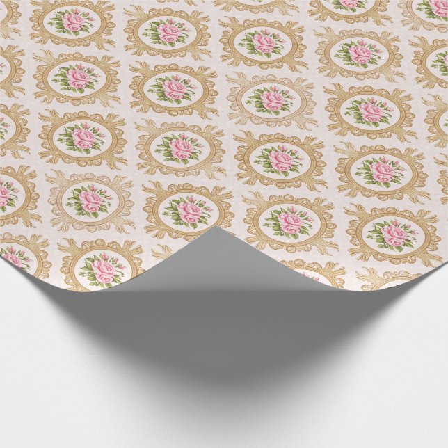 Papel De Presente Moldura Barroca Rosa Elegante e Dourada (Ponta)