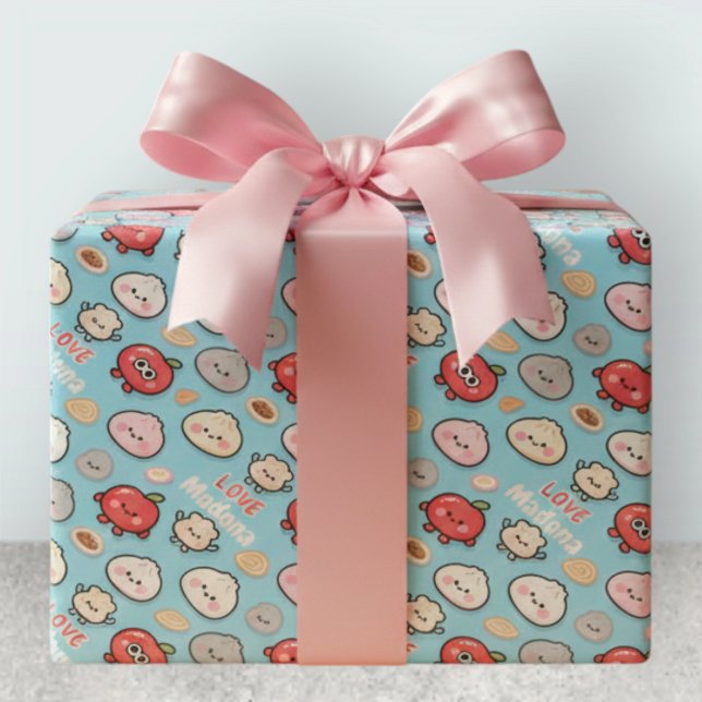 Papel De Presente Moldura de Padrão de Comida de Maçã Kawaii Dumplin (Criador carregado)