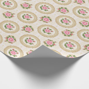 Papel De Presente Moldura Dourada Ornamentada e Rosas Rosa
