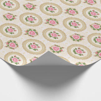Papel De Presente Moldura Dourada Ornamentada e Rosas Rosa