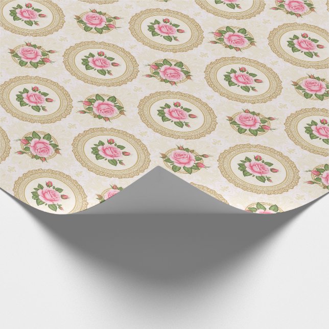 Papel De Presente Moldura Dourada Ornamentada e Rosas Rosa (Ponta)