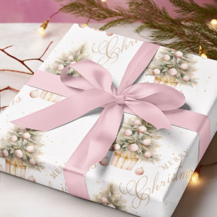 Papel De Presente Molho de Água Rosa Elegante Árvore de Natal Feliz