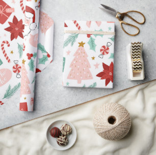 Papel De Presente Molho de Natal de Férias Vermelhas e Rosa