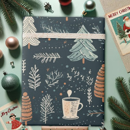 Papel De Presente Momentos De Inverno Cozy, Bolas de Café e Pinheiro
