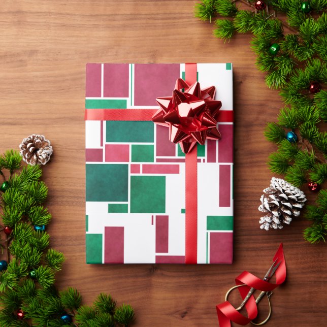 Papel De Presente Mondrian de Natal Vermelho e Verde Moderno (Presente de Natal)