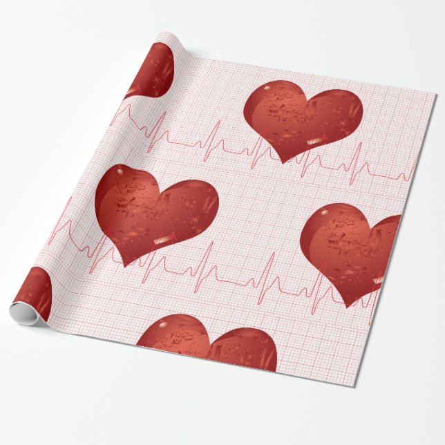 Papel De Presente Monitor de ECG de Coração Vermelho Assistência Méd (Desenrolado)