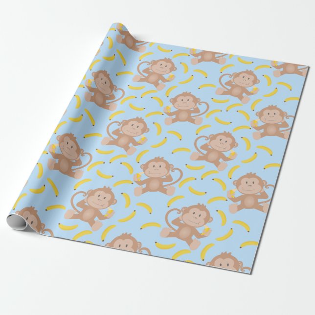 Papel De Presente Monkey Munching Banana Blue (Desenrolado)