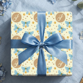 Papel De Presente Monograma Borboletas Azuis Fofas