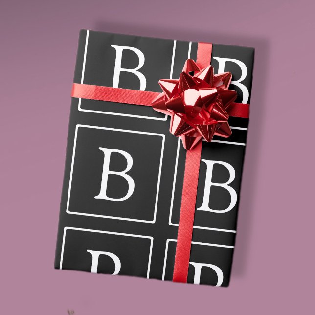 Papel De Presente Monograma Clássico Simples | Preto c/ Texto Branco (Criador carregado)