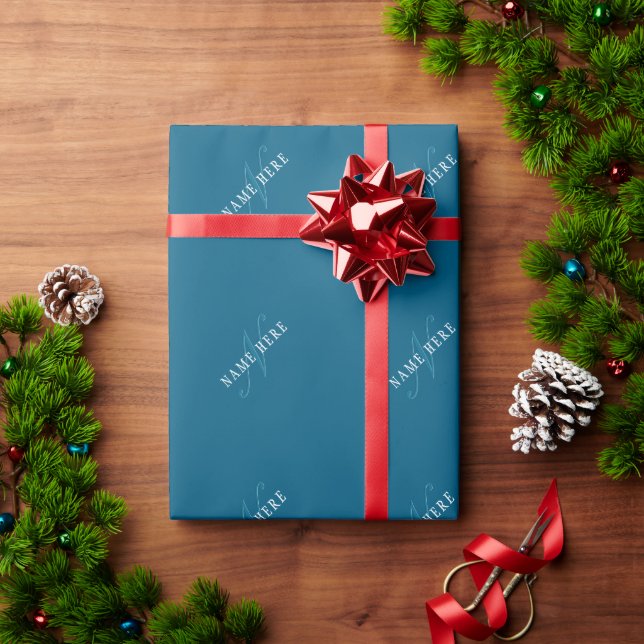 Papel De Presente Monograma com Aparência Elegante | Azul Oceano (Presente de Natal)