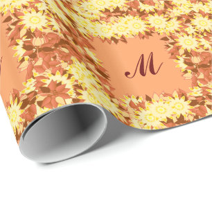 Papel De Presente Monograma com flores - cacau e amarelo