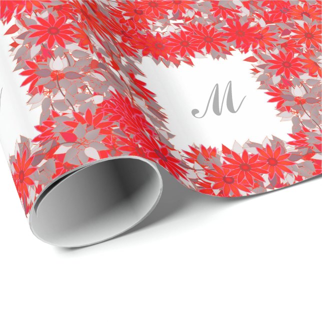 Papel De Presente Monograma com flores - vermelho e cinza (Ponta do rolo)