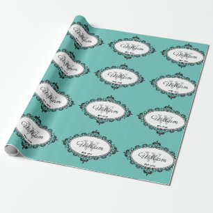 Papel De Presente Monograma Damask Vintage Teal Minimalista