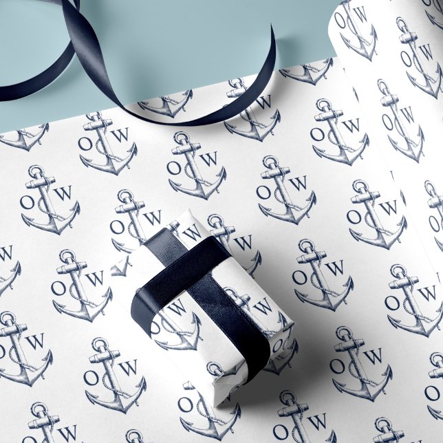 Papel De Presente Monograma de Âncora Náutica Branco Marinho  (Criador carregado)