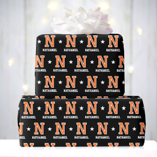 Papel De Presente Monograma de Aniversário em Laranja e Preto no Est