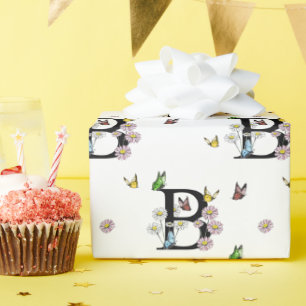 Papel De Presente Monograma de Borboleta Aquarela Floral Letra B   