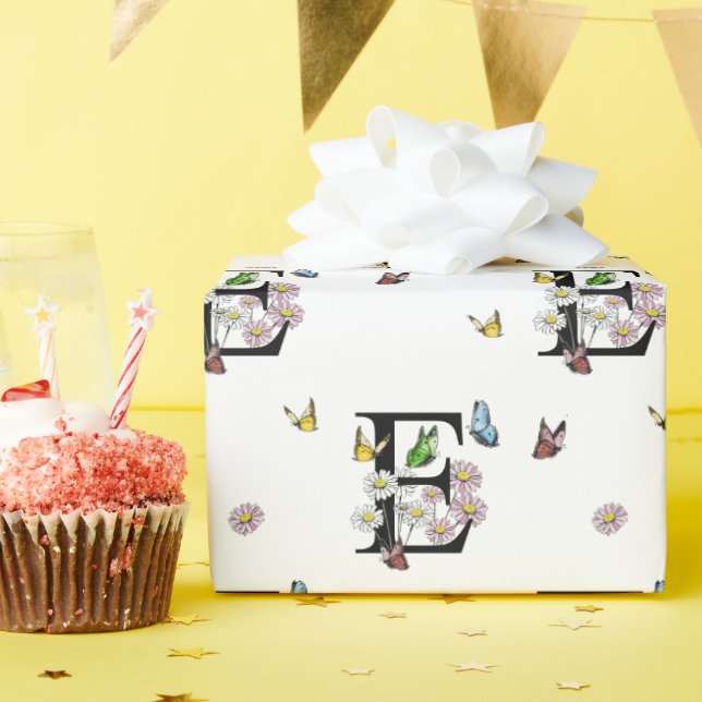 Papel De Presente Monograma de Borboleta de Aguarela Floral com a Le (Festa de aniversário)