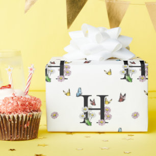 Papel De Presente Monograma de Borboleta Floral em Aquarela com Letr