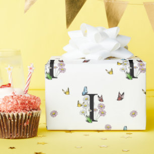 Papel De Presente Monograma de Borboleta Floral em Aquarela Letra I 