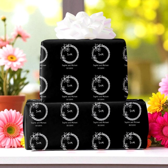 Papel De Presente Monograma de Casamento Branco Negro (Criador carregado)