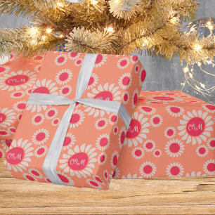 Papel De Presente Monograma de Casamento Floral de Pêssego Retro Boh