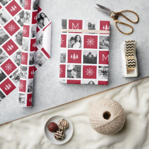 Papel De Presente Monograma de Colagem Feriado de fotos em preto-e