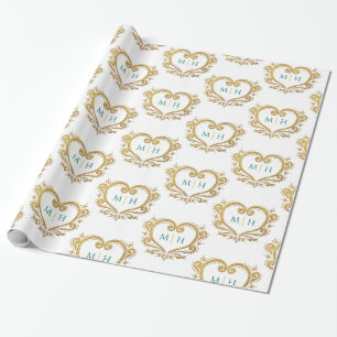 Papel De Presente Monograma de coração dourado verde escuro em branc