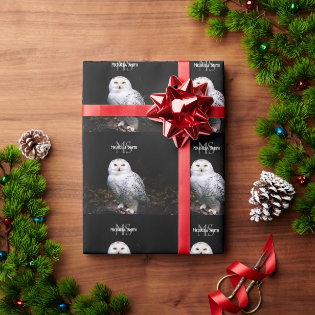 Papel De Presente Monograma de coruja nevada de inverno majestosa co (Presente de Natal)