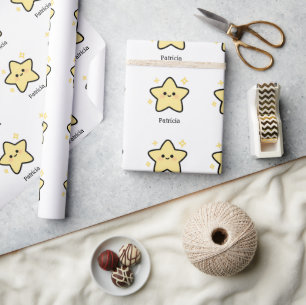 Papel De Presente Monograma de estrela kawaii amarelo caprichoso fof