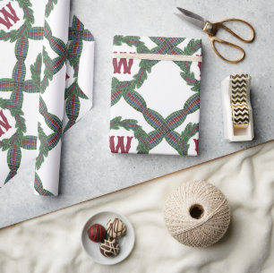 Papel De Presente Monograma de Grinalda de Xadrez Clássico de Natal