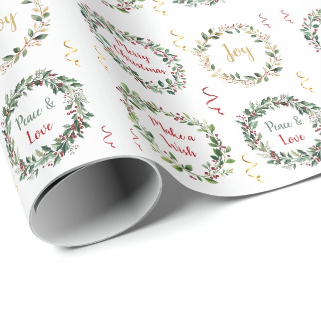 Papel De Presente Monograma de Natal com Folhagem Verde Berry (Ponta do rolo)