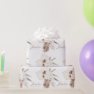 Papel De Presente Monograma de Orquídeas Brancas de Grama Boho Brown