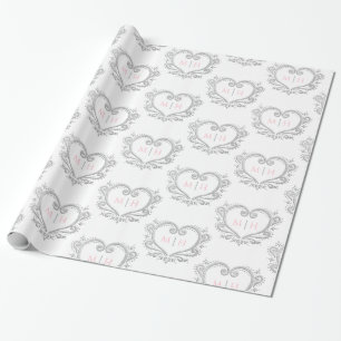 Papel De Presente Monograma de prata de cor branca rosa casamento