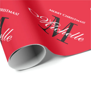 Papel De Presente Monograma elegante com nome vermelho Feliz Natal
