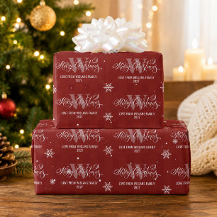 Papel De Presente Monograma Elegante Feliz Natal Caligrafia Vermelha