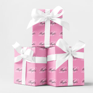Papel De Presente Monograma Elegante Preto e Branco Rosa