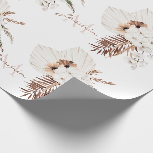 Papel De Presente Monograma Floral de Grama Pampas Boho Rústico (Ponta)