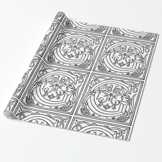 Papel De Presente Monograma G Padrão Floral Branco e Preto Inicial (Desenrolado)