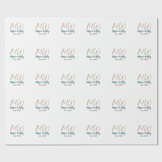 Papel De Presente Monograma marrom azul turquesa ano de fundação sim (Aberto)