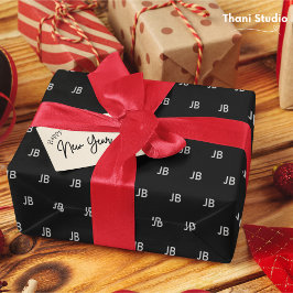 Papel De Presente Monograma Minimalista feliz ano novo Preto