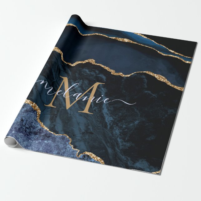 Papel De Presente Monograma Nome Agate Marinho Azul Dourado Marble G (Desenrolado)